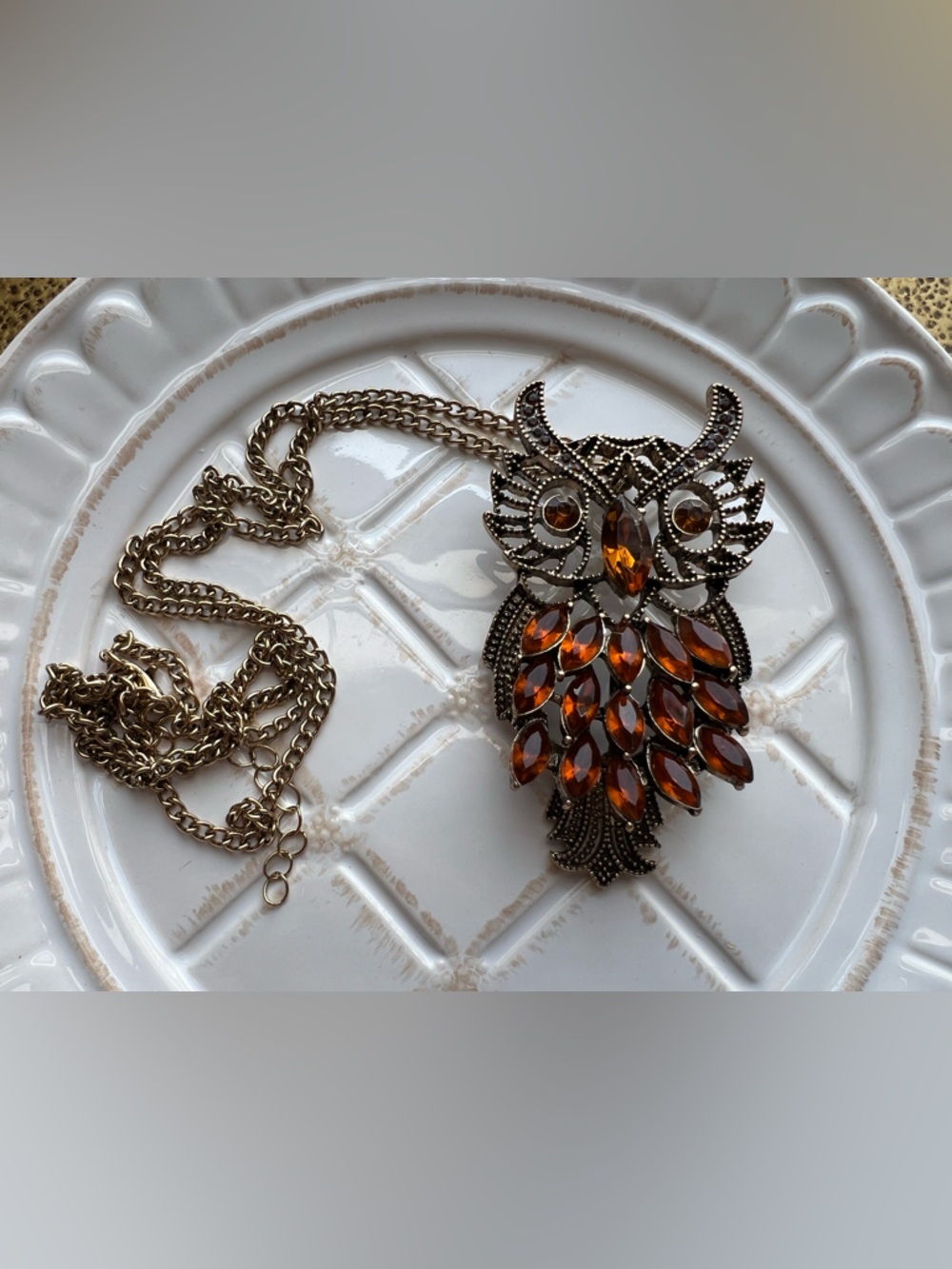 Vintage Style Amber Owl Pendant Long Statement Necklace Bronze Tone - Picture 4 of 5